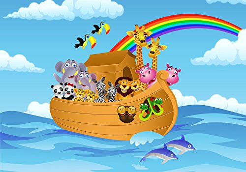 wandmotiv24 Fototapete Regenbogen, Arche, Cartoon, XL 350 x 245 cm - 7 Teile, Wanddeko, Wandbild, Wandtapete, Noah, Tiere, Meer M0261