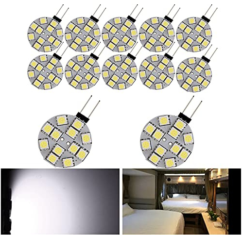 YM E-Bright 12-Pack G4 Puck Lights LED Bulbs Side Pin Base White Round G4 5050 12SMD LED RV Camper Light Bulb Home Reading Light Marine Lamps DC 12V