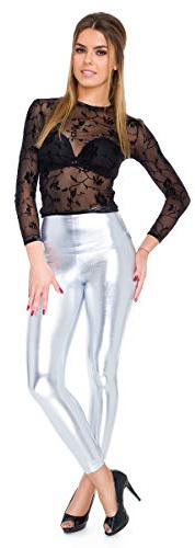 FUTURO FASHION Sexig blank våt look och matt full längd leggings hög midja latex konstläder LTPNL, SILVER, 46 SE