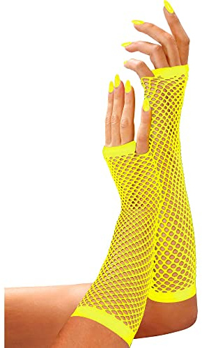 Widmann 14766 – fingerlösa näthandskar, neongul, längd 33 cm, tillbehör, 80-tals badknappsfest, temafest, karneval