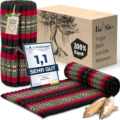 livasia Rollmatte Rollmatratze M schmal Einzelbett - 200x75x4,5cm - Gästebett Gästematratze 1 Person mit Muster, Reisebett Kofferraum outdoor, Thaimatte Kapok Garten handgefertigt (Schwarz/Elefanten)