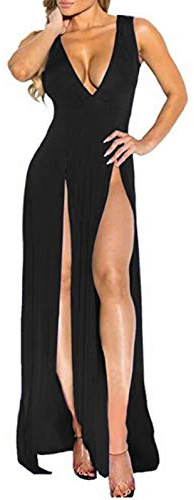 Dam sexig klänning bandage sida delad v-hals ärmlös bodycon klubbkläder maxi väst klänning, Svart, XL