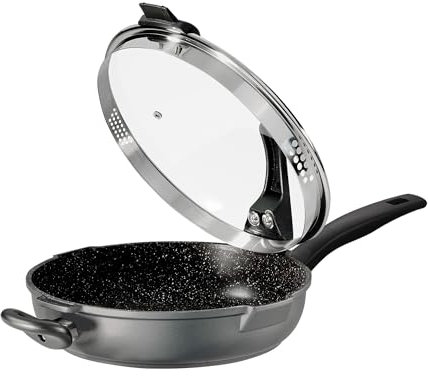 STONELINE Future Schmorpfanne 28 cm, mit Siebglasdeckel, hoher Rand, Induktion, Aluguss, Antihaft beschichtet mit echten Steinpartikeln, Pfanne 28 cm hoher Rand