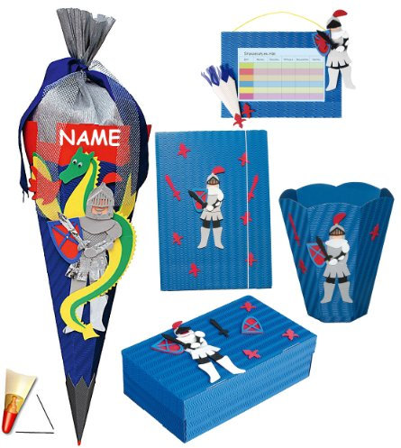 5 TLG. Set: Bastelset Schultüte - 85 cm + Schulbox/Kreativbox + Mappe + Stundenplan + Papierkorb - incl. Namen - Ritter Ritterburg Jungen - Zuckertüte Roth ..