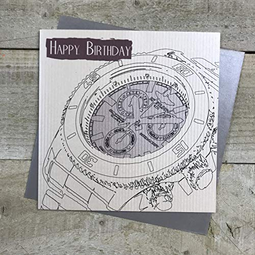 WHITE COTTON CARDS Watch Design SB61 Geburtstagskarte für Herren, Happy Birthday, Baumwolle, weiß, 16cm x 16cm