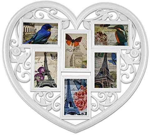 PrimoLiving Herz Bilderrahmen Collage P-004 - Fotorahmen in Herzform, weiß, 58x52cm groß - für 6 Fotos im Format 10x15