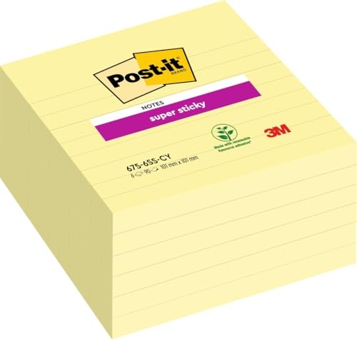 Post-it Super Sticky Große Notes, 6 Blöcke (540 Blatt), 101 x 101 mm, Gelb | Selbsthaftende Notizzettel mit Stärkerer Haftung für Meetings, Listen und Erinnerungen; Haften auf Vertikalen Oberflächen