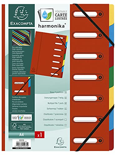 Exacompta - Ref 55075E - 1 HARMONIKA sorteringsverk - med resårer och utskurna fönster - glansigt papphölje - expanderbar baksida - 7 fack - för A4 - storlek 24,5 x 32 cm - färg röd
