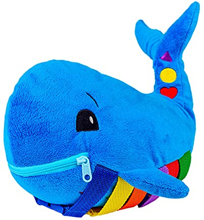 Buckle Toys - Blu Whale - Develop Motor Skills and Problem Solving - Counting and Color Recognition - Easy Travel Toy - Learning Material - Pre K Activity Stuffed Animal