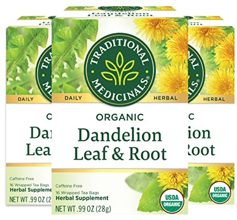 Traditional Medicinals Organic Dandelion Leaf & Root Herbal Tea, Supports Kidney Function & Healthy Digestion, (Pack of 3) - 48 Tea Bags Total