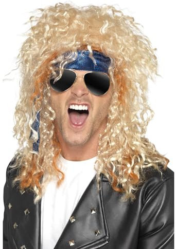 Smiffys Heavy Metal Rocker Kit, Blonde with Wig, Glasses & Bandana, 1980's Fancy Dress, 1980s Dress Up Wigs