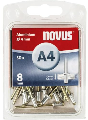 Novus Aluminium Blindnieten 8 mm, 30 Nieten, Ø 4 mm, 3.5-5.0 mm Klemmlänge, für Nichteisen Metall, Kunststoffe und Leder
