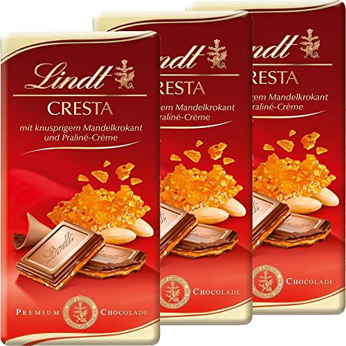 Lindt Cresta mit kunsprigem Mandelkrokant und Haselnuss Creme in Rot 3er Set (3x100g Tafel)