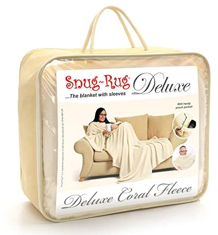 Snug Rug Cream DELUXE Blanket With Sleeves GENUINE SnugRug Sleeved Blankets Luxury Cosy Super Soft Coral Fleece Long Oversized with Pouch Pocket Adults Size