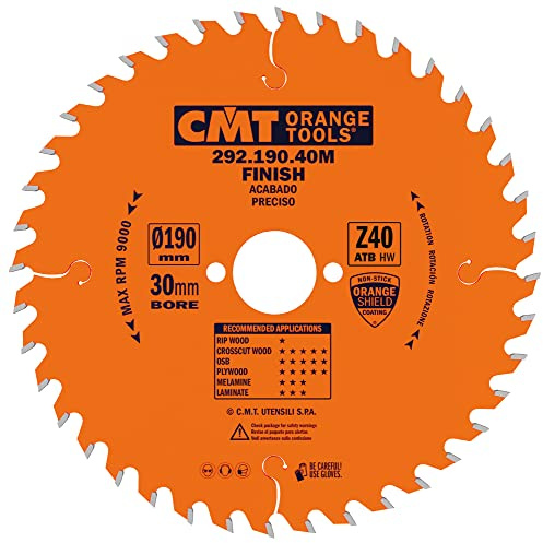 CMT Orange Tools Kreissägeblatt Feinschnitt HW 190 x 2,6 / 1,6 x 30 Z=40 15° ATB - 292.190.40M - für Querschnitte