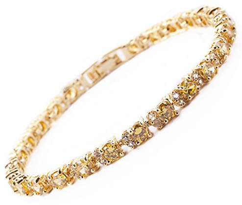 RIZILIA Eternity Tennis Bracelet [18cm/7inch] with Round Cut Gemstones CZ [Yellow Citrine] in 18K Yellow Gold Plated, Simple Modern Elegance