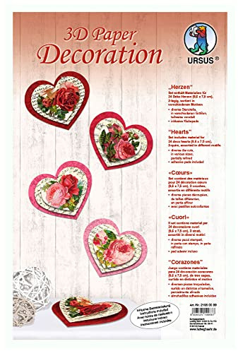 Ursus 21850099 - 3D Paper Dekoration Herzen, rosa/rot, Material für 24 Herzen, ca. 8,6 x 7,5 cm, 3 lagig, inklusive Bastelanleitung, ideal zum Dekorieren von Karten, Scrapbooking und Geschenken