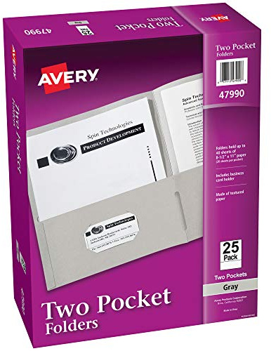 Avery Two Pocket Folders, Holds up to 40 Sheets, Business Card Slot, 25 Gray Folders (47990)