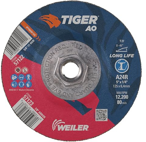 Weiler 57122 Tiger 5 Grinding Wheel, Type 27, 1/4 Thick, A24R, 5/8-11 UNC Nut (Pack of 10)