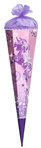 ROTH Schultüte groß Purple Unicorn - Glitter und Pailletten-Borte 85 cm - 6-eckig Rot(h)-Spitze Tüllverschluss - Zuckertüte Einhorn Glitzer Schulanfang
