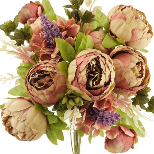 FiveSeasonStuff Vintage Artificial Flowers Brown Peony and Hydrangeas | Wedding, Bridal, Home, Office Décor (1 Bouquet)