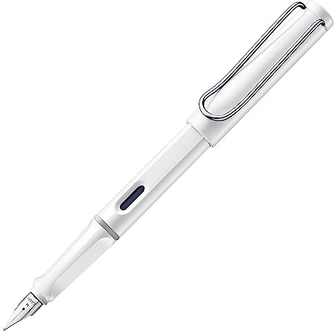 Lamy safari white Füller - Füllhalter mit ergonomischem Griff & polierter Linkshänder-Stahlfeder (LH) in Strichbreite M - robuster ASA-Kunststoff - inkl. Tintenpatrone T 10 blau