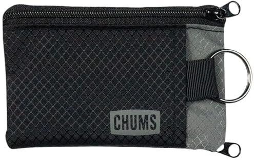 Chums Surfshorts Wallet - Lightweight Slim Wallet with RFID Blocking Card & Clear ID Window - Zippered, Water Resistant w/Key Ring (Black/Gray)