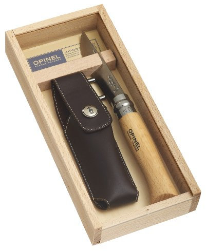 Opinel Opinel-Messer, Größe 8, modifizierter Sandvik Stahl 12C27 (rostfrei), Buchenholzgriff, Kunstleder-Etui mit Karabinerhaken, Holzbox