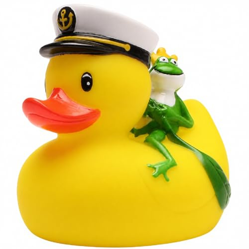 Duckshop I Badeente Kapitän mit Froschkönig I Quietscheente I Quietscheentchen L: 8,5 cm I Geschenk für Abenteurer I Präsent für Sammler