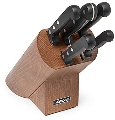 Arcos Juego de Cuchillos. 5 piezas en Acero Inoxidable Nitrum. Bloque madera pino. Mango ergonómico polioximetileno POM. 2950 gr. Serie Universal. Mayor control. Color negro.