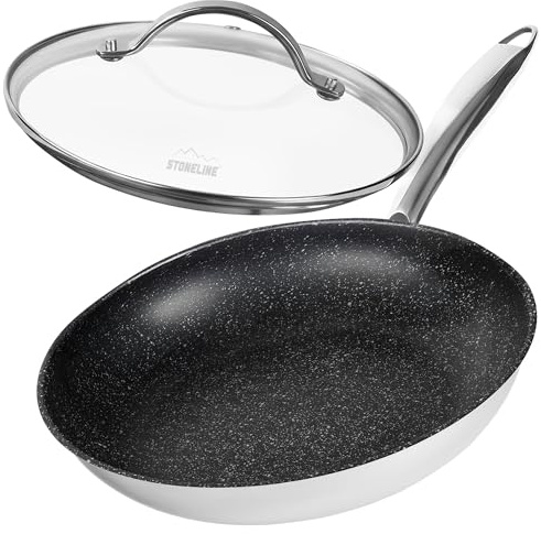 STONELINE PROFESSIONAL Edelstahlpfanne 28 cm, Pfanne mit Deckel, Edelstahl Bratpfanne Antihaftbeschichtet mit echten Steinpartikeln, für alle Herdarten, Ofen und Induktion