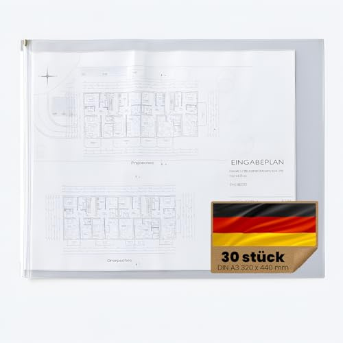 Original Böck Planschutzhüllen (320 x 440 mm) Din A3 – 30 Stück | Transparente Schutzhüllen mit Reißverschluss | Wasserfest, reißfest, beschreibbar | Schutzfolie für Baupläne & Dokumente