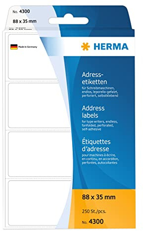 HERMA 4300 Adressetiketten für Schreibmaschinen, endlos, 88 x 35 mm, 250 Stück, selbstklebend, matt, leporello-gefalzt, blanko Papier Adressaufkleber Klebeetiketten Aufkleber, weiß