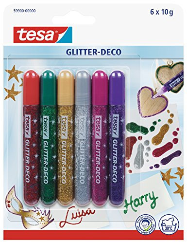 Tesa 59900-00000-06 Tesa Glitter, 6 Penne di Colla, 6 Colori Misti