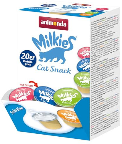 animonda Milkies Selection (20 Cups à 15 g), leicht verdauliche Katzenmilch für Erwachsene Katzen, praktisches Vorteilspack mit 20 Katzenmilch Cups, Milch-Snack ohne Soja und Zucker