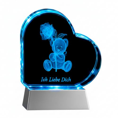 Kaltner Präsente Kristall Herz Lampe LED – Romantisches Geschenk für Freundin & Partner – Nachtlicht mit 3D Gravur „Ich Liebe Dich“ – Valentinstag & Jahrestag Geschenkidee