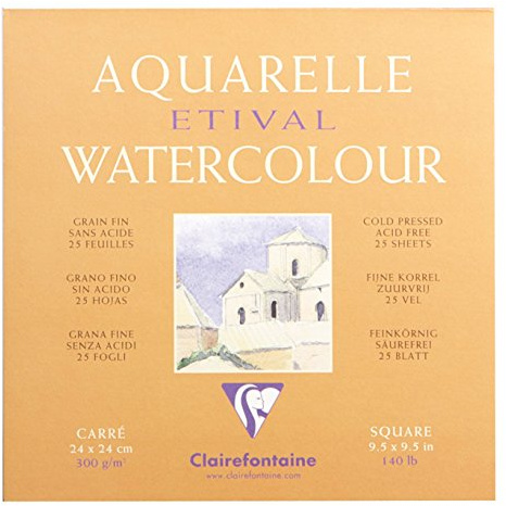 Clairefontaine 96476C Malblock, 4-seitig verleimt Aquarellpapier Feinkörnig, Etival/Zellulose, 24 x 24 cm, 25 Blatt, 300 g Packung, weiß