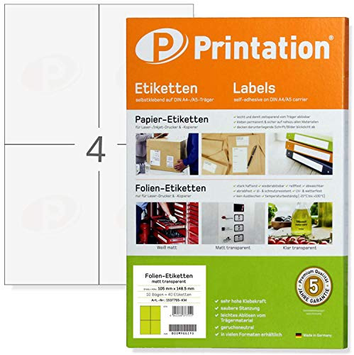 Folien-Etiketten 105 x 148,5 mm WETTERFEST auf DIN A4 Bogen - 2 x 2 Labels/Seite - Folienetiketten 105x148,5 selbstklebend mit Laser Drucker bedruckbar (10 Blatt transparent matt)