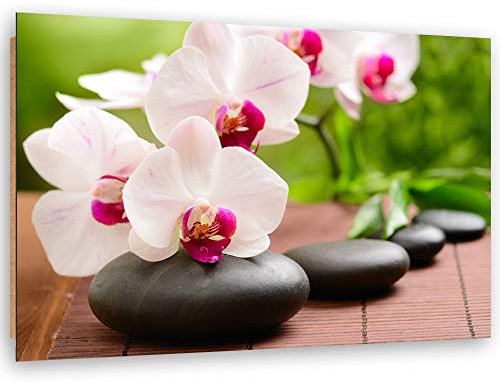 Feeby Frames, Tableau mural, Tableau Déco, Tableau imprimé, Tableau Deco Panel, 70x100 cm, COMPOSITION, ZEN, ORCHIDÉE, EAU, GALETS, JAUNE, NOIR, SPA
