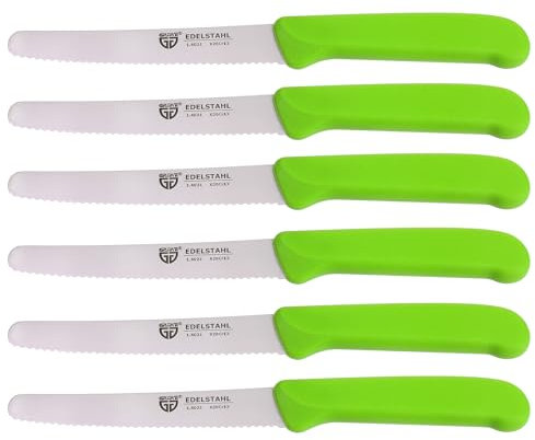 GRÄWE Tafelmesser 6 Stück, Messerset zum Schneiden, 6er Pack Brötchenmesser, Frühstücksmesser mit einseitigem Wellenschliff, Brotmesser, scharfe Messer für Brotzeit, 21 cm - Grün