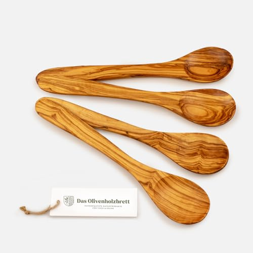 DAS OLIVENHOLZBRETT® Olivenholz Löffel 4er Set / 4x Müslilöffel Holz/Vier Esslöffel aus Olivenholz/Set kleine Servierlöffel aus Holz / 20cm, Set 4 Stück
