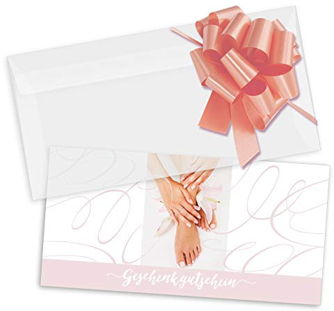 GESCHENKGUTSCHEINcom by POS-HAUER. Gutschein-Set. 25x Gutschein + Kuvert + Schleife. Für Fußpflegeinstitut Podologie, blanko zum selber Ausfüllen.