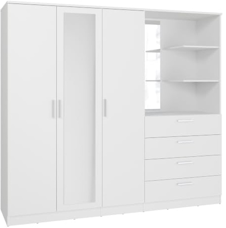 Forte Panama Kleiderschrank 200, modern-minimalistischer Kleiderschrank mit Regalkommode, 3-türig, 4 Schubladen, 2 Spiegel, Holzwerkstoff, Weiß, 199 cm breit x 181 cm hoch x 52,7 cm tief