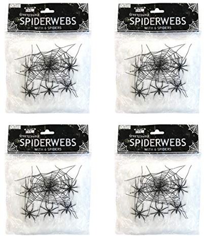 Robelli Pack of 4 Stretchable Spider Cob Web Halloween Decoration with Spiders
