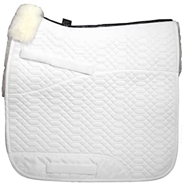 Engel Reitsport SCHABRA1-D-WEI-WEI - Tapis de Selle - Tissu matelassé - Peau d'agneau au Niveau de la Selle - Demi-Doublure - Couronne de Fourrure à l'avant - Dressage - Tissu Blanc Fourrure Blanche