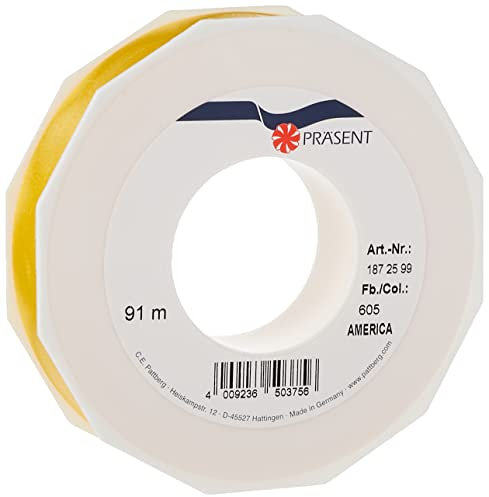 Präsent C.E. PATTBERG Geschenkband gelb, 91 Meter Ringelband 25 mm zum Basteln, Dekorieren & Verpacken von Geschenken zu jedem Anlass