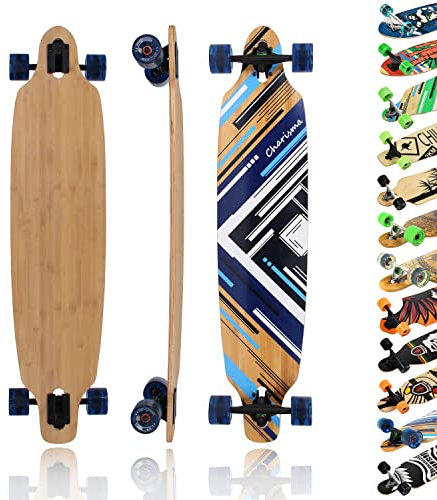 MAXOfit Longboard Charisma Blue No. 02 - Drop Through Board mit flexiblem Deck und mittelweichen Rollen - Drop Through Achsen und Cutouts für tieferen Schwerpunkt