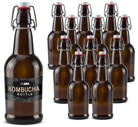 Ilyapa 16 Ounce Amber Swing Top Glass Bottles - 12 Pack Flip Top with Airtight Lid, for Home Brewing - Kombucha, Soda, Coquito, Kefir, Juice