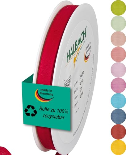 Halbach mattes Taftband, 10 mm x 25 m, rot | Geschenkband in Baumwolloptik, Made in Germany, Ökt-Tex 100 zertifiziert und waschbar bei 30 Grad