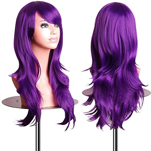 EmaxDesign Wigs - Parrucca da 70 cm / 28, anche per Cosplay, lunga, folta, con riccioli ampi, fibra resistente alle alte temperature, Accessorio di pregio dotato di pettinino e retina, viola scuro